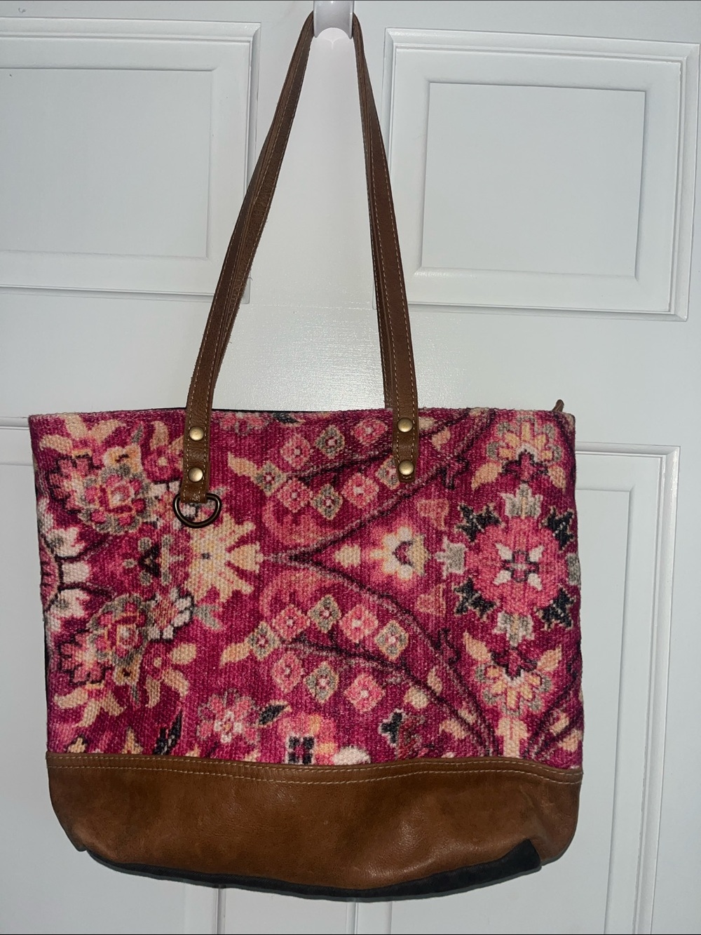 Myra Pink Patterned Cotton and Leather Tote Bag